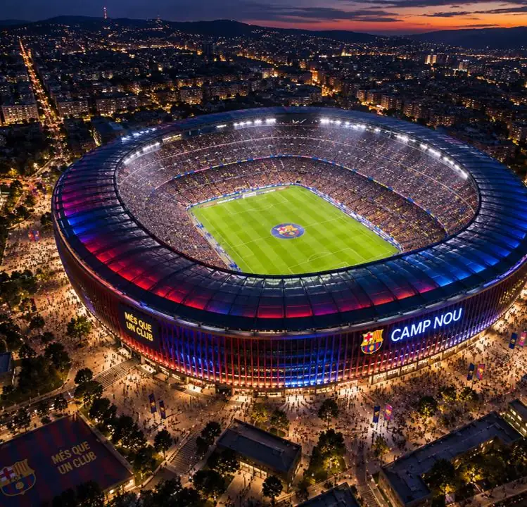 Le Camp Nou illuminé de nuit à Barcelone