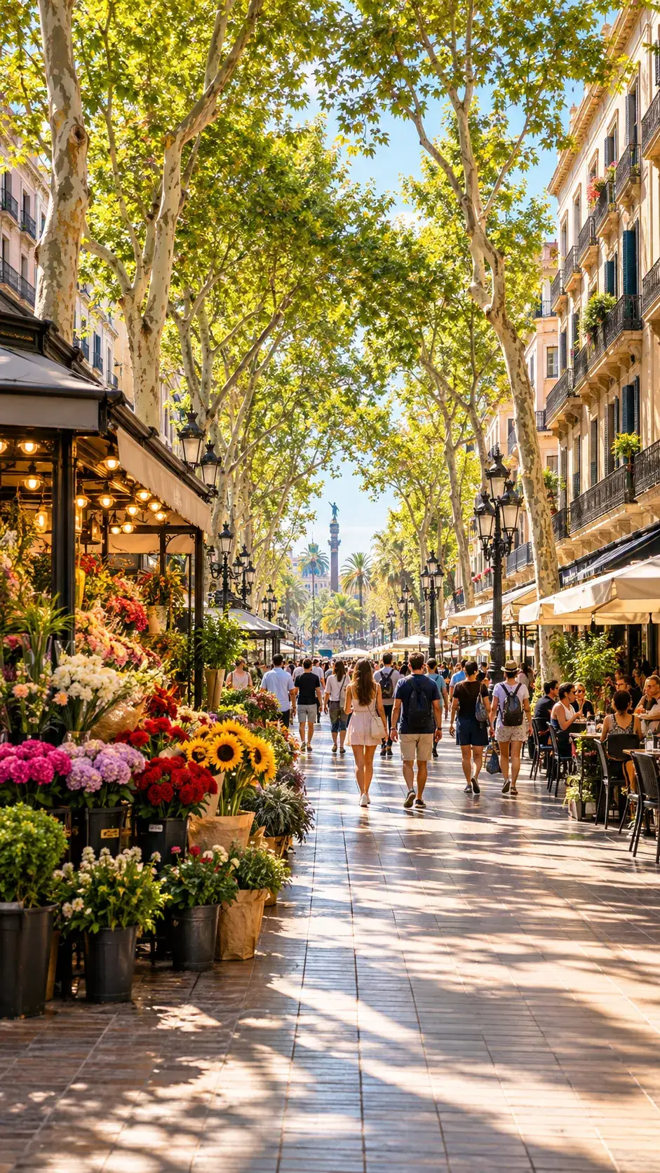 Las Ramblas à Barcelone : allée arborée, fleuristes et terrasses