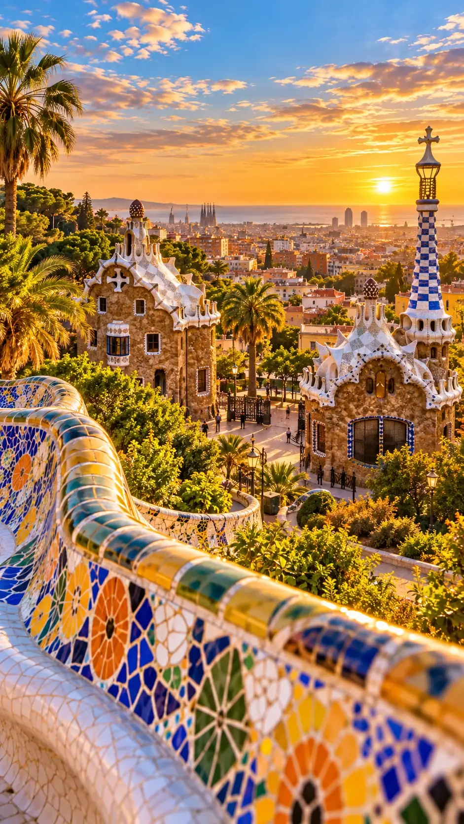 Le Park Güell et ses mosaïques de Gaudí au coucher du soleil, face à Barcelone