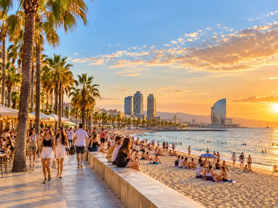 Plage de Barcelone au coucher du soleil