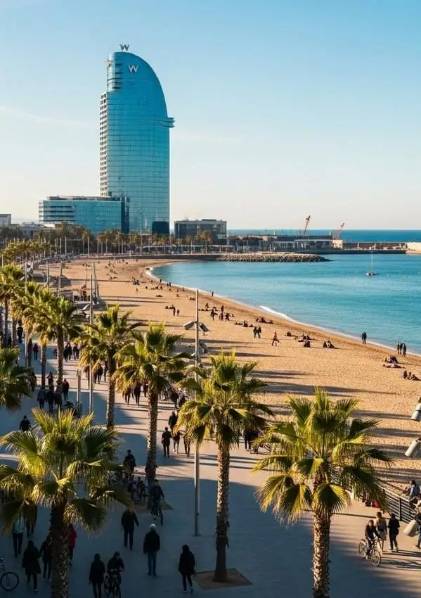 Plage de la Barceloneta et promenade bordée de palmiers à Barcelone